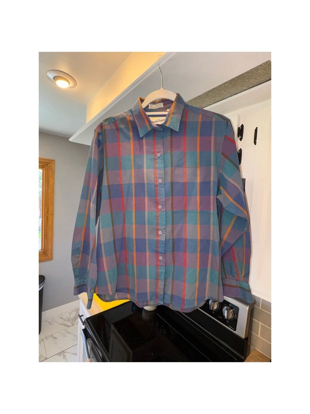Vintage Diane Von Furstenberg long sleeve shirt size 14 stripe check bl grn red